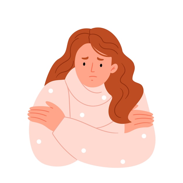 Vector the girl is freezing in a warm sweater there is no heating a sad characterhand drawn style