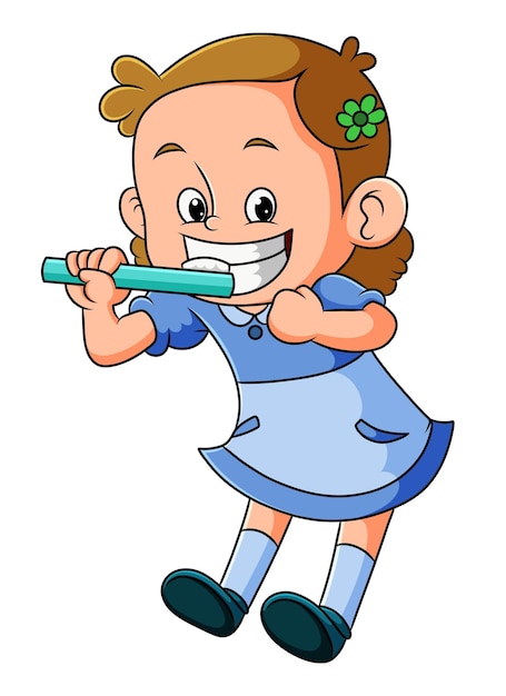 The girl is gesturing how to clean the teeth with the toothbrush of illustration