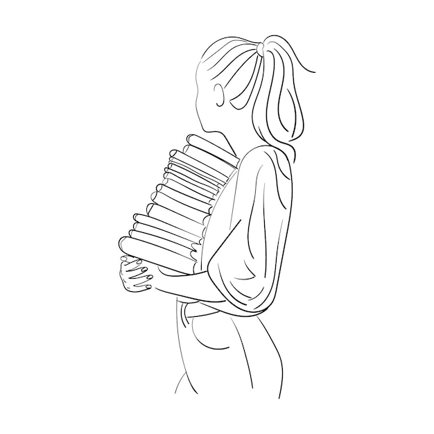 A girl is holding books in her hands.  Outline black and white