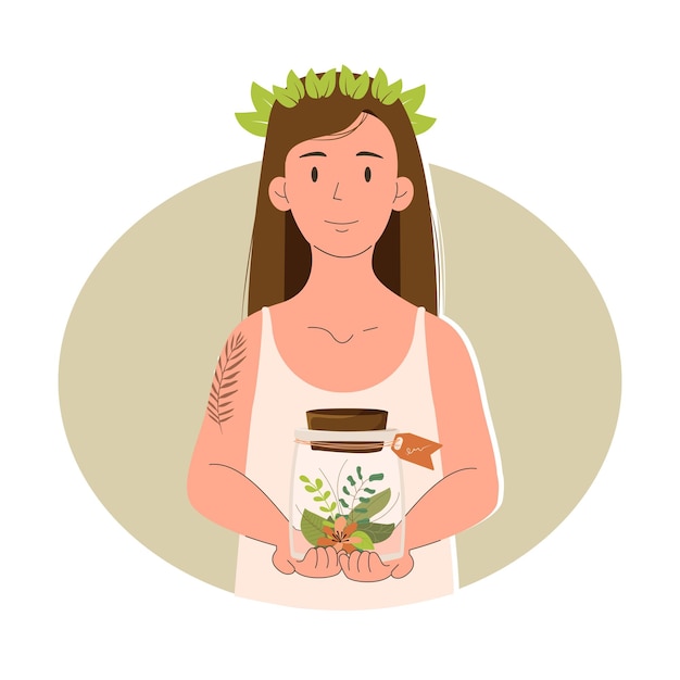 The girl is holding a jar of plants Careful attitude to nature Vector illustration