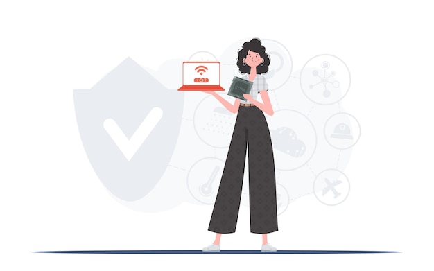 The girl is holding a laptop and a processor chip in her hands Internet of things and automation concept Vector illustration in trendy flat style