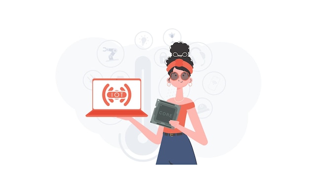 The girl is holding a laptop and a processor chip in her hands IoT concept Vector illustration in trendy flat style