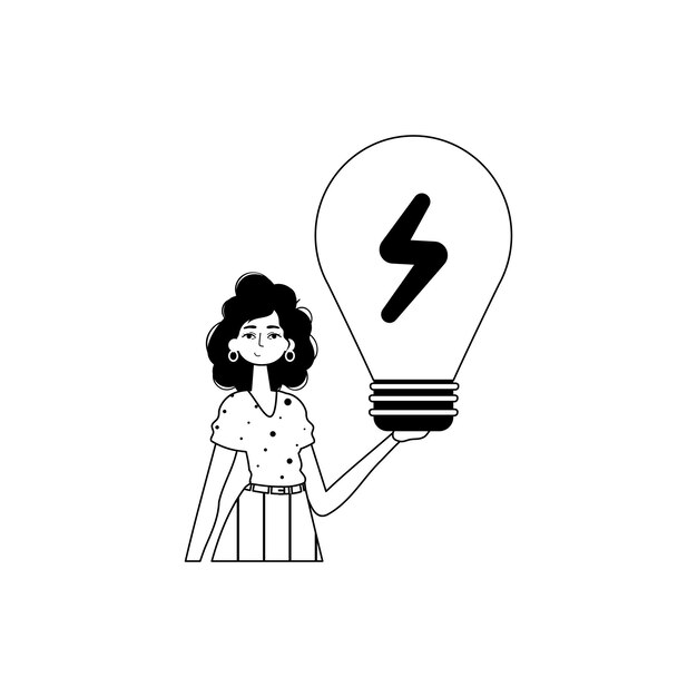 The girl is holding a light bulb theme concept total darkness and White linear manner Trendy style Vector Illustration