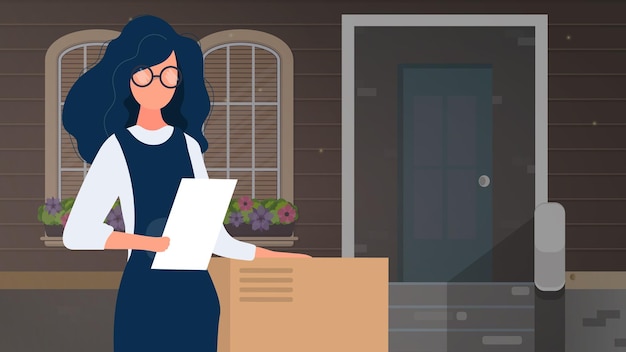 The girl is holding a list and a large box. delivery of parcels home banner. the concept of delivering goods, parcels and goods home. vector.