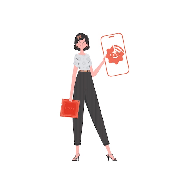 The girl is holding a phone with the IoT logo in her hands Internet of things concept Vector