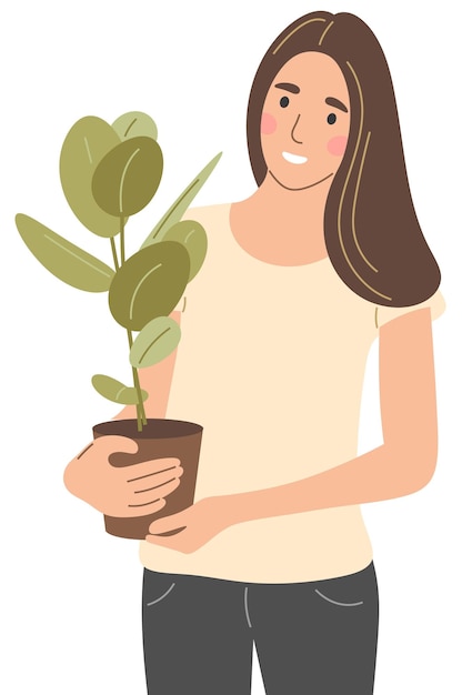 The girl is holding a potted plant in her hands