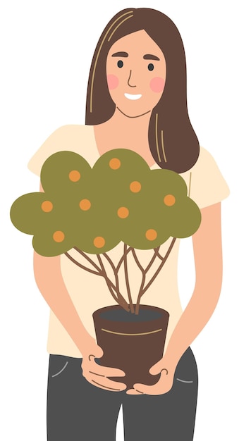 The girl is holding a potted tree in her hands