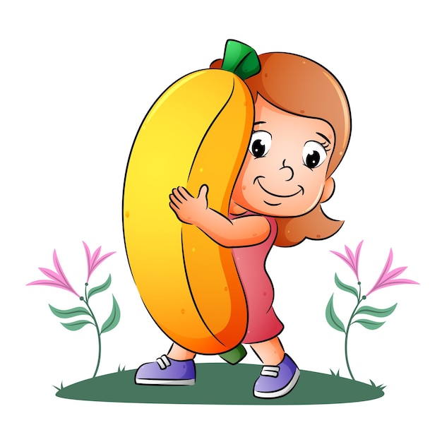 Девушка держит и показывает большой яркий банан иллюстрации