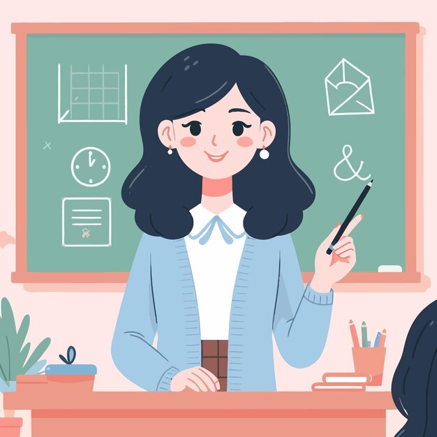 Vector a girl is holding a test tube in front of a chalkboard
