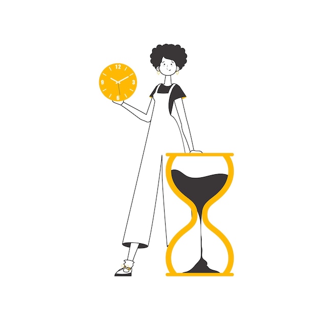 The girl is holding a watch in her hands time management concept linear trendy style isolated vector illustration