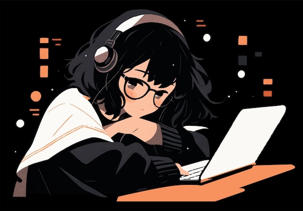 女の子が音楽のイラストを聴いている