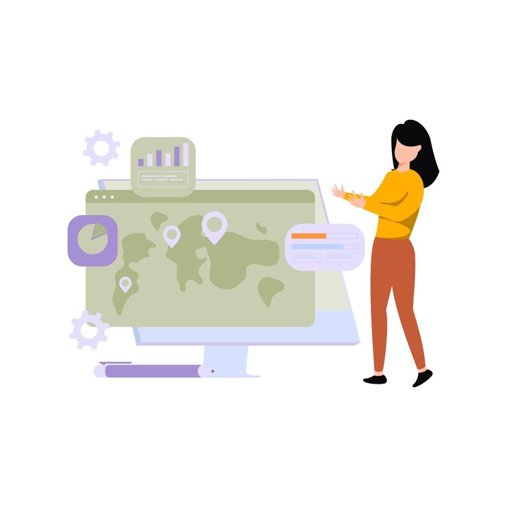 Vector the girl is looking at the places on the monitor