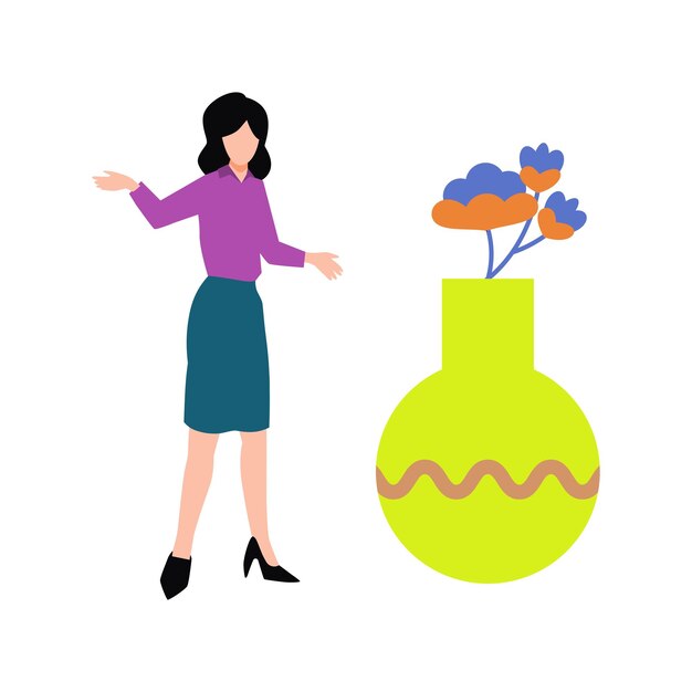the girl is looking at the plant pot