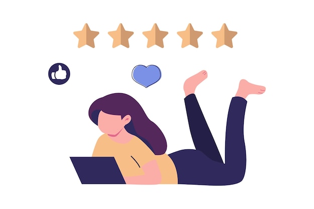 Vettore la ragazza è sdraiata con i computer portatili e dà la valutazione flat style illustration vector design