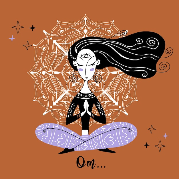 the girl is meditating yoga meditation yoga positions namaste against the background of a mandala vector