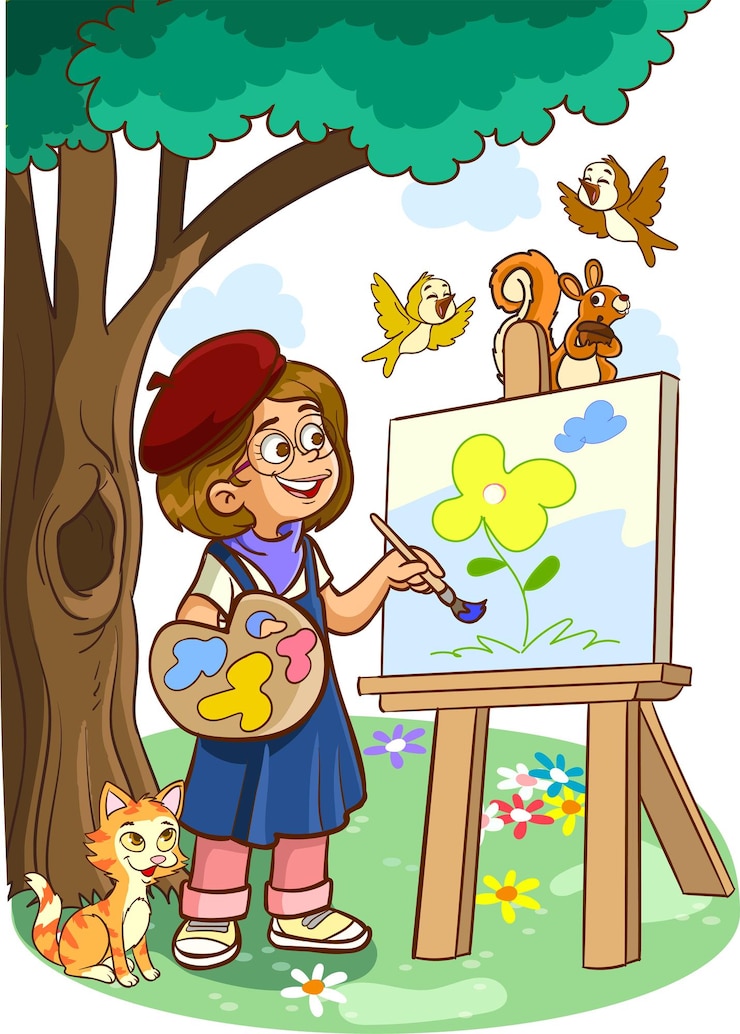वेक्टर a girl is painting a picture of a bird and the word squirrel is on the cover.