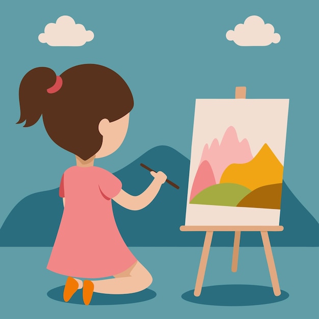 女の子が手にブラシを持って絵を描いている