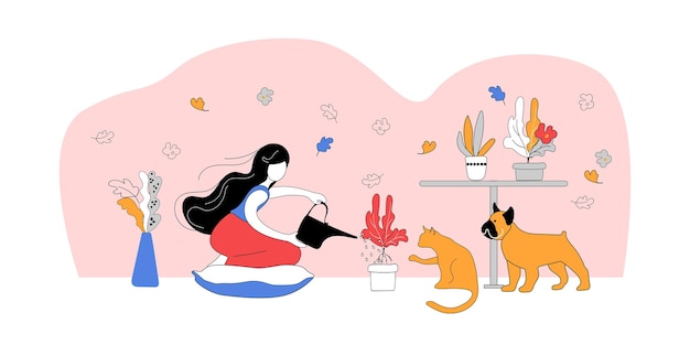 The girl is planting a houseplant in a pot the cat and dog are playing happy pets with owners having great time modern vector illustration people together with pets spending time