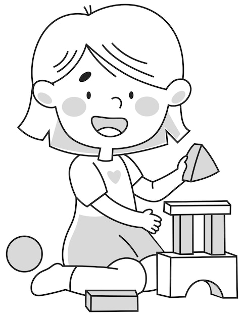 A girl is playing blocks black and white contour sheet for coloring