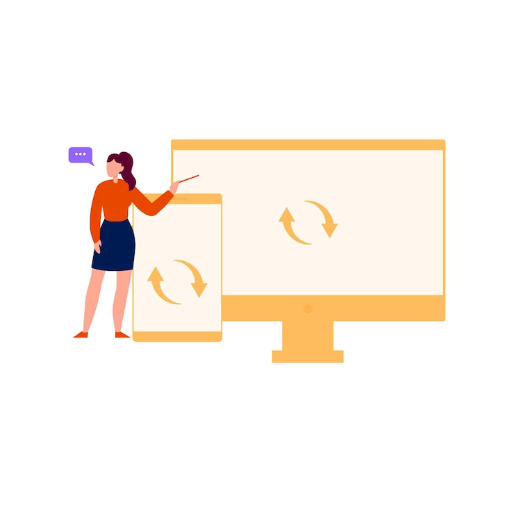 Vector girl is pointing to the data transfer from mobile to monitor