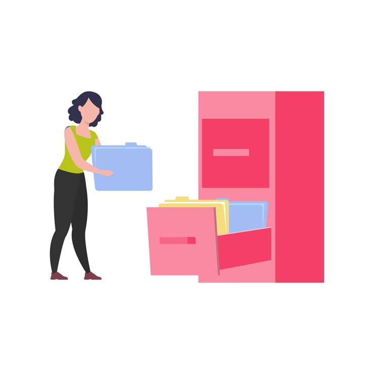 Vector the girl is putting the folder in the drawer