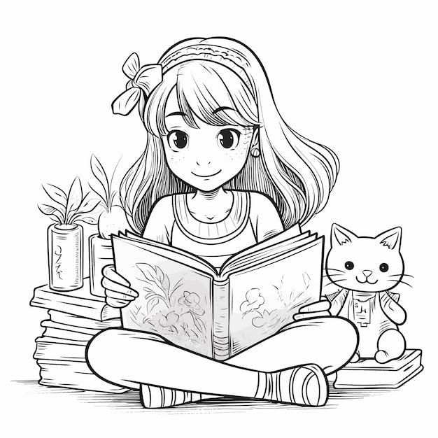 女の子が猫と「猫」というタイトルの本を読んでいます。