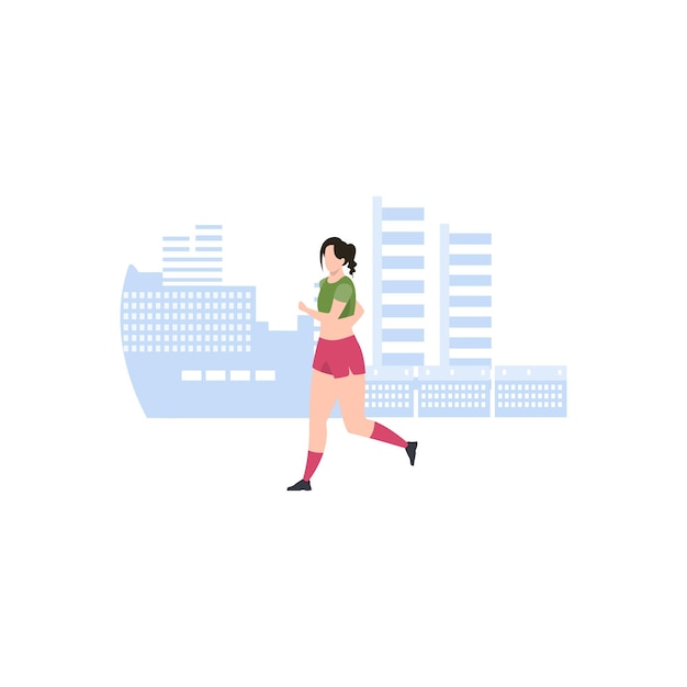 A girl is running in front of a cityscape.