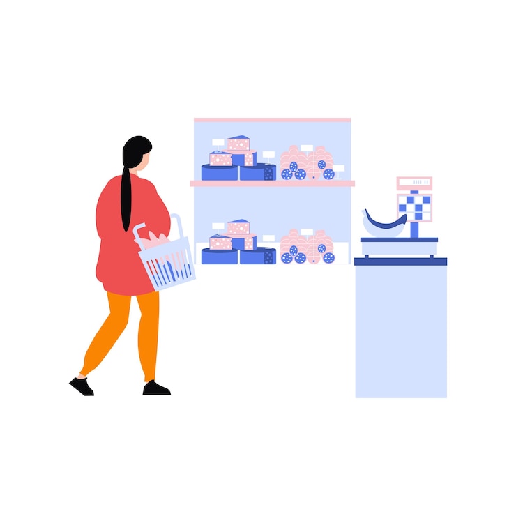 Vector the girl is shopping in the supermarket