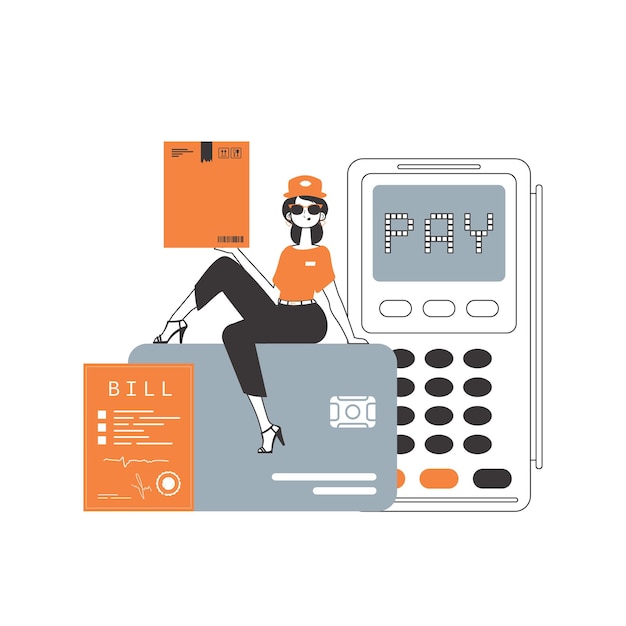 Vector the girl is sitting on a bank card and holding a parcel delivery concept linear style isolated on white background vector illustration