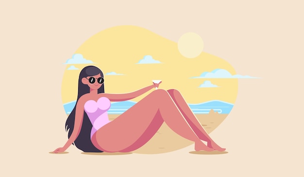 A girl is sitting on the beach illustrator vector