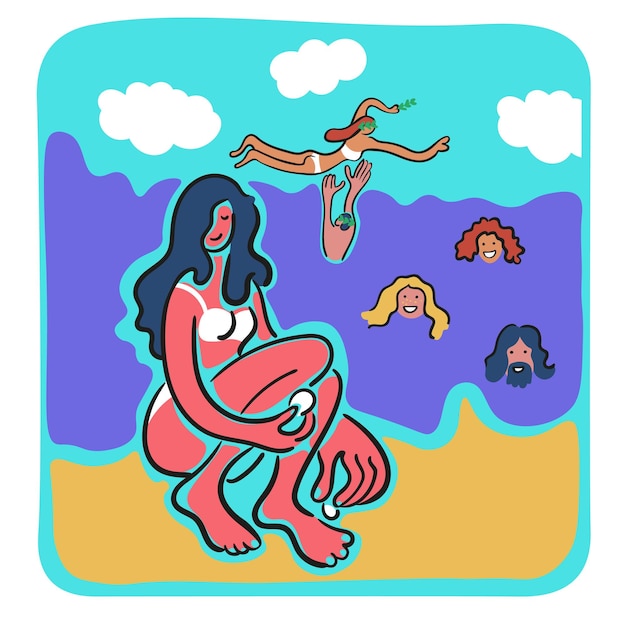 girl is sitting on the beach. people swim in the sea. friends at the resort.illustration with a girl