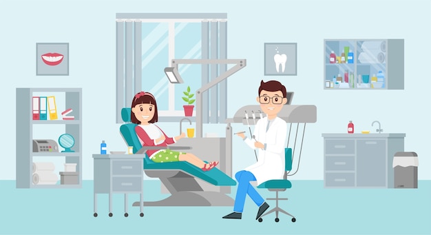Девушка сидит в кресле на приеме у стоматолога. Концепция стоматологического кабинета. Плоский рисунок.