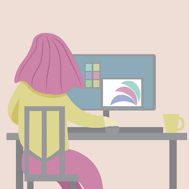 the girl is sitting on a chair and drawing on the computer