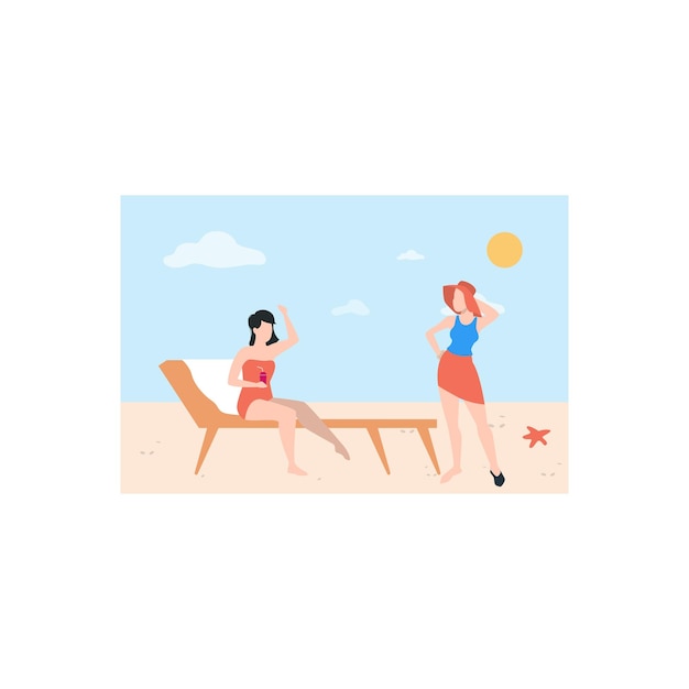 The girl is sitting on deck chair and enjoying on beach