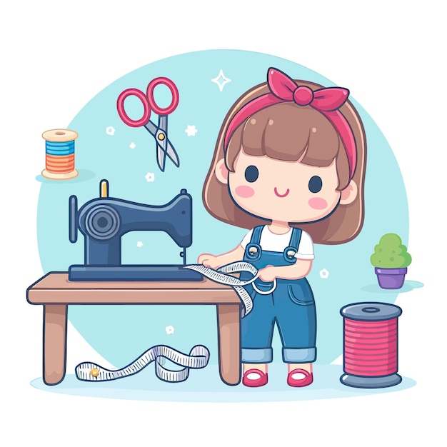 a girl is sitting at a desk with a sewing machine and a pair of scissors