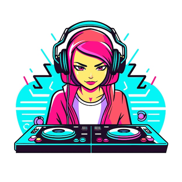 A girl is sitting in front of a dj and has headphones on her head.