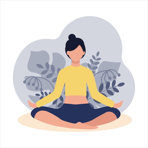 The girl is sitting in the Lotus position on the background of plants Yoga in nature Meditation relaxation Vector flat illustration isolated on a white background