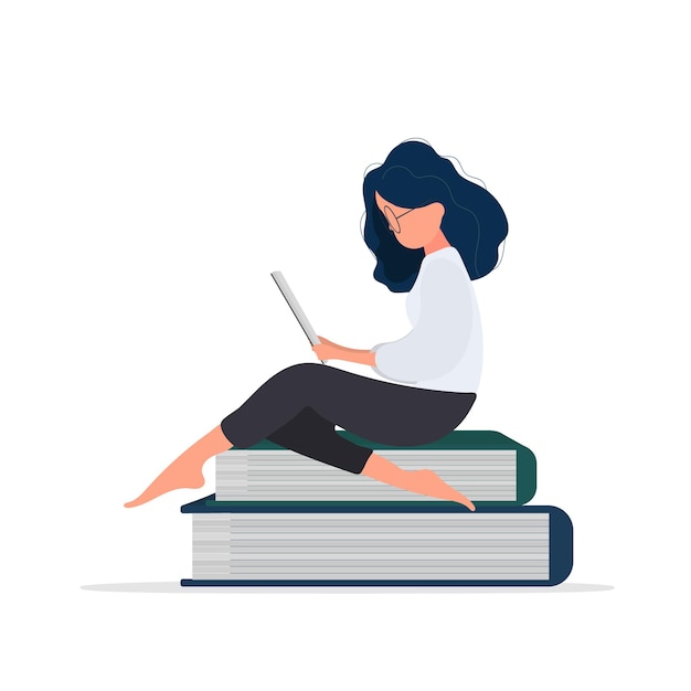 The girl is sitting on a mountain of books. The woman is reading a book. Isolated. Vector.