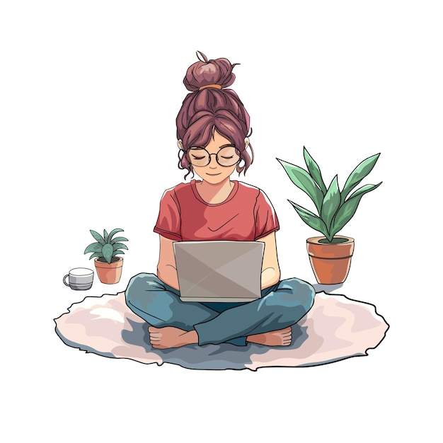 女の子がラップトップと背景の植物を持って石の上に座っている