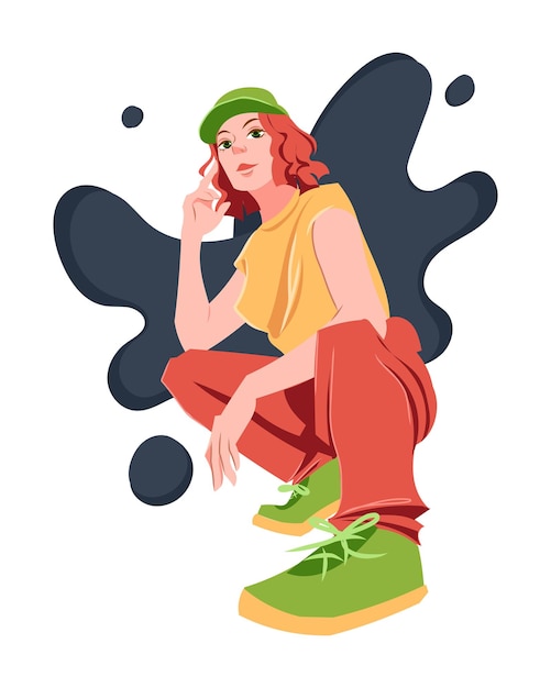 The girl is squatting a girl in a green cap yellow tshirt red pants and green sneakers skater pose blot for a girl vector illustratoin in flat style on a white background