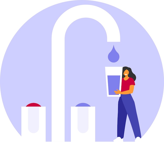 A Girl Is Standing Below The Faucet With A Glass Of Water Isolated On Transparent Background