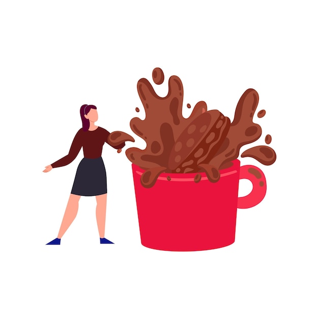 The girl is standing next to a mug of chocolate