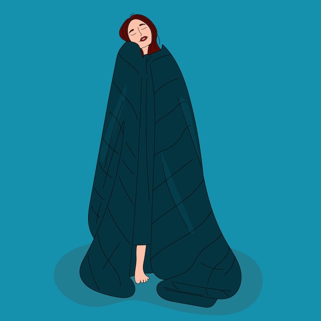 Vector the girl is standing under a warm blanket