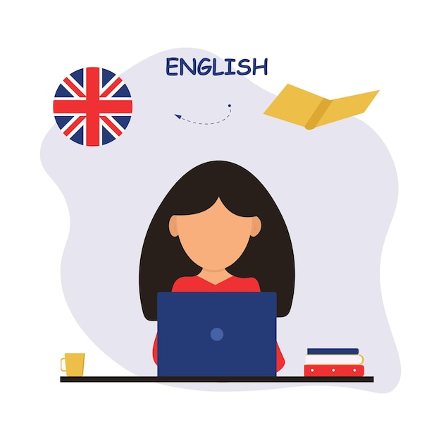 Vettore la ragazza sta studiando inglese online apprendimento istruzione a distanza insegnamento di lingue straniere