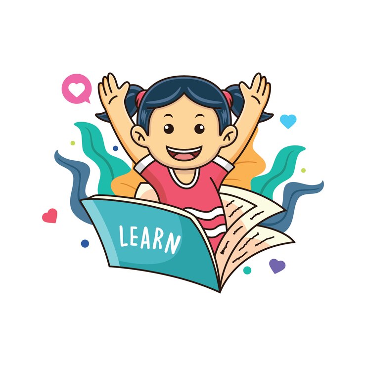 Vector girl is studying with a book with a happy expression