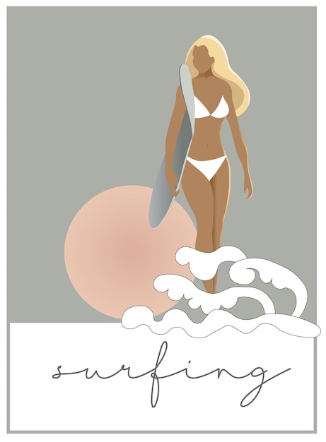 Girl is surfing illustration banner Simmertime Body positive aesthetic