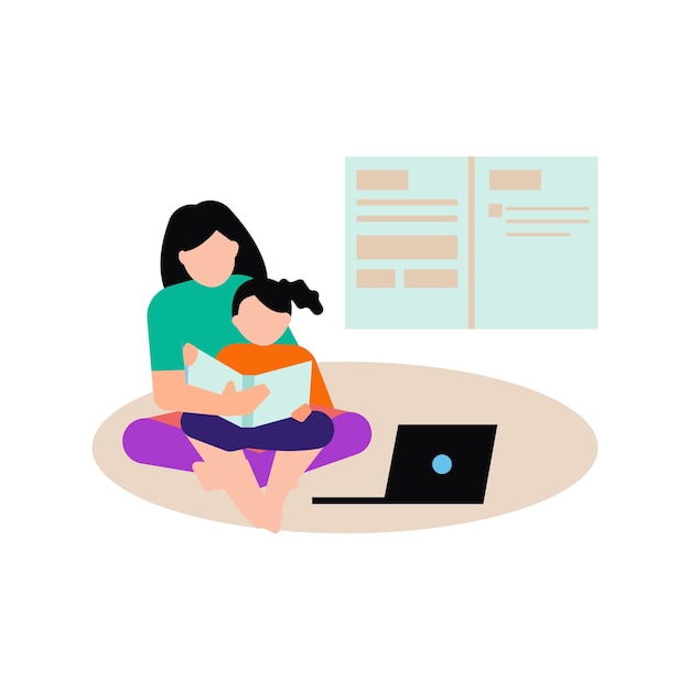 the girl is teaching her daughter