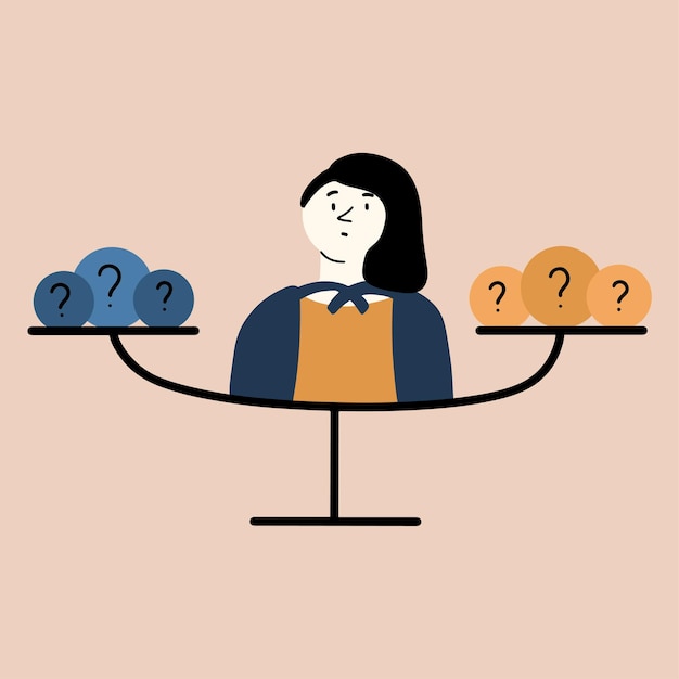 The girl is trying to make a balanced decision Concept of choice Vector illustration in flat style