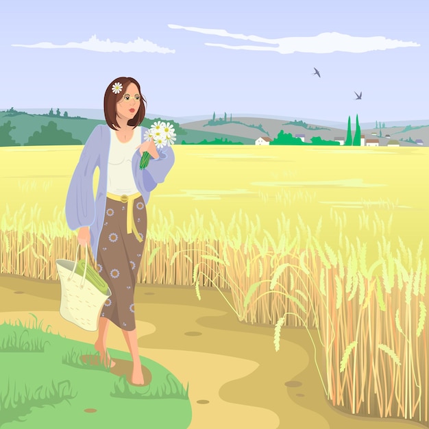 Vector the girl is walking along the wheat field