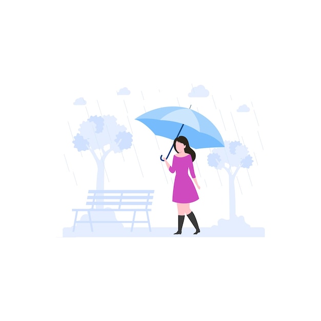 The girl is walking in the rain with an umbrella